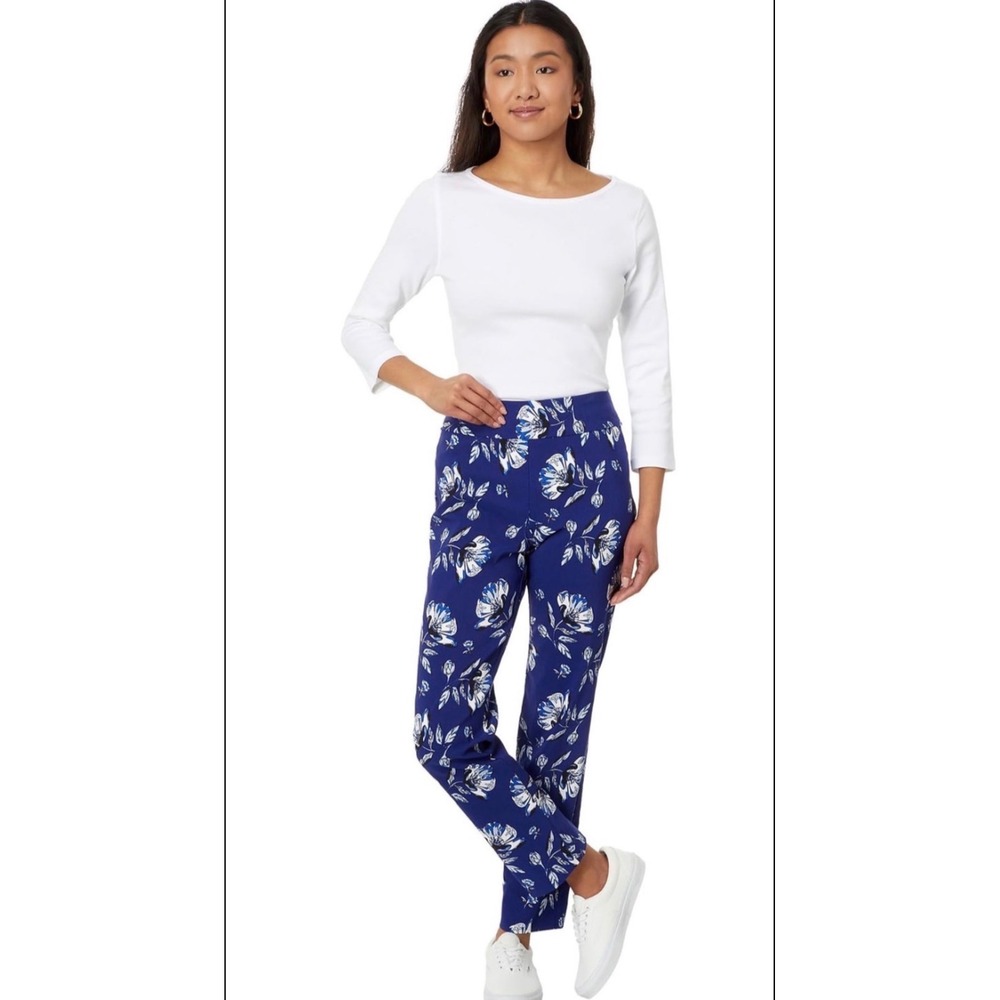 Krazy Larry Royal Blue Floral Pull On Ankle Pants Womens 6 Stretch Made in USA